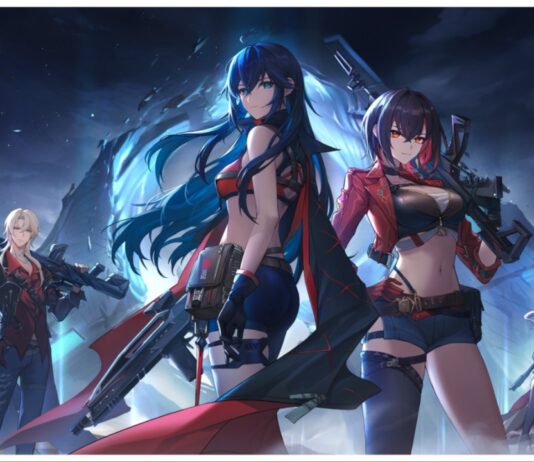 Strinova Tier List feature image for our strinova tier list showing numerous characters from the game standing against a dark blue night background with a faint gloe coming from the centre highlighting the forefront two characters who are holding guns in different poses and looking intensely at the viewer