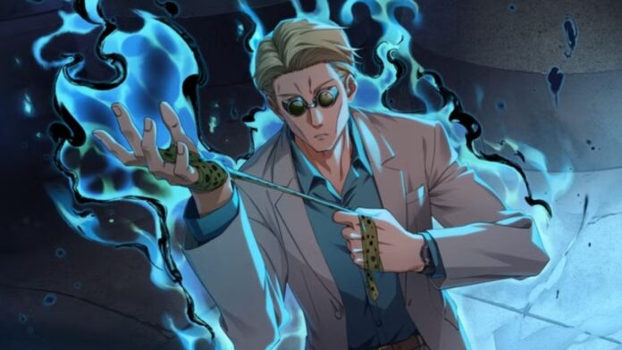 Feature image for our Jujutsu Kaisen Phantom Parade Builds guide. Image shows a man in a suit with glasses pulling his tie.