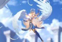 Gods And Demons Tier List Feature image for our Gods And Demons Tier List. Image shows a woman with wings wearing a blue dress floating in the sky with feathers around her.