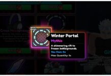 Anime Vanguards Portals Guide – Secret Regnaw Obtainment! Feature image for our anime vanguards portals guide showing a low opacity background of the winter store with a central highlighted portal