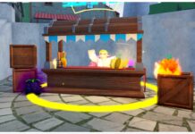 Fruit Reborn Tier List – Best Devil Fruits! Feature image for our fruit reborn tier list showing doflamingo behind a wooden stall surrounded by a cobbled street as he waves. The stall has several devil fruits on the countertop and floor