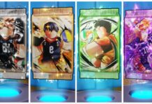 Haikyuu Legends Packs Guide Feature image for our haikyuu legends packs guide. The image shows a 4-way collage of each pack type in-game floating above a blue led circle light on the ground