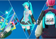 World is Mine Featured in the Hatsune Miku Fortnite Bundle Some of the items included in the Hatsune Miku Fortnite Bundle, with a rainbow contrail as the character holds lightsticks, the original outfit Hatsune Miku skin in the middle, and the backpack backbling that is a Miku Ita bag with a microphone and headphones inside.