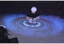 Jujutsu Infinite Infinity – Best Technique or Overhyped? feature image for our jujutsu infinite infinity guide showing a glitchy gojo npc with a blue circle aura at his feet