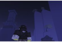 Jujutsu Infinite Judgeman Guide – Moveset, Domain Expansion and More! feature image for our jujutsu infinite judgeman guide showing the back of a player at nighttime as they look upwards at cliff edges with trees and tall buildings