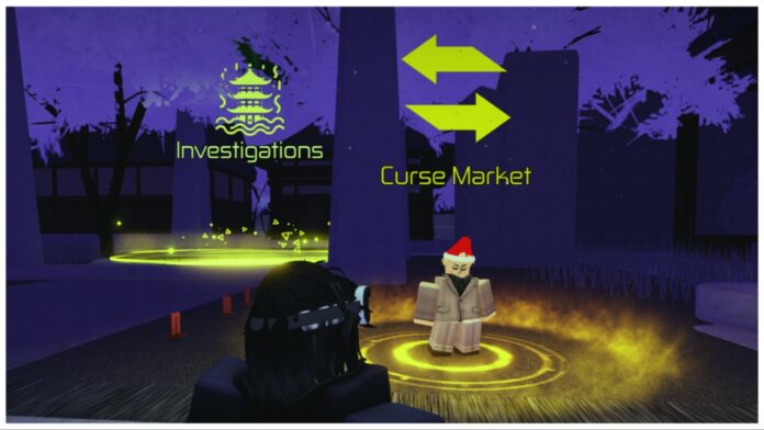 Feature image for our jujutsu infinite purified curse hand guide showing the curse market nanami npc with a winter hat with the investigations portal in the background on a purple sky night