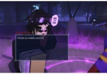 Jujutsu Infinite PvE Tier List feature image for our jujutsu infinite pve tier list showing a player with a speech box over their body as they curl over in a laugh telling a comedic NPC that theyre so funny