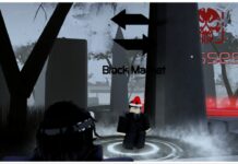 Jujutsu Infinite Santa Boss – Winter Event! feature image for our jujutsu infinite santa boss guide showing the higuruma npc wearing a christmas hat with black market written above his head on a foggy grey day