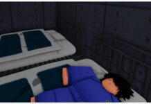 LockOver Weapons Tier List Feature image for our lockover weapons tier list showing a player asleep on a bed in a blue tracksuit