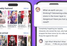 Read Shogakukan Manga & Light Novels With the Novelous App Two promo images that showcase the Novelous app, with the left displaying some of the available manga and light novel series to read and the right displaying how the speech bubble feature works with dialogue when reading a light novel on the app.