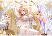 Tales of Angels Tier List – August 2025 Rankings! Feature image for our tales of angels tier list showing three angels in suggestive poses with a light cast down on them from above as they each look to the viewer