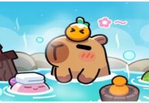 Capybara Go Best Weapon – Including Reasons Why! Feature image for our capybara go best weapon guide showing a cartoon capybara in a hot tub surrounded by steam and other bath-dwellers.