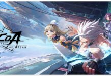 Crystal of Atlan Tier List Feature image for our crystal of atlan tier list showing several characters to the right of the screen bursting forward with determination with magic steampunk-style flying blimps behind them in the sky