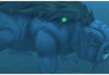 Jujutsu Odyssey Azure Maw – Easiest Cursed Womb Farming Method! Feature image for our jujutsu odyssey azure maw guide showing azure maw on all fours with a stripe of long brown hair travelling down its spine. Its bearing teeth and looking sideways with a dull blue overlay from the sky around it