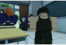 Jujutsu Odyssey Cursed Techniques Tier List Feature image for our jujutsu odyssey cursed techniques tier list showing a black haired chara wearing a black vest and pants standing looking away from characters behind him chatting