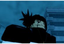 Jujutsu Odyssey Weapon Tier List Feature image for our jujutsu odyssey weapons tier list showing a character up-close from a bottom-up view. The character is wearing dark attire and has markings on his face with dark hair in spiked buns. He looks rather melancholy