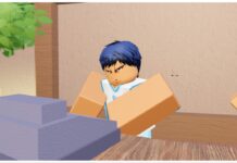 Kurokus Basket Showdown Codes – Release Rewards! Feature image for our kurokus basket showdown codes guide sowing a character npc with blue hair at a till behind a wooden stall as he types away with a determined expression