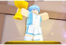 Kurokus Basket Showdown Style Tier List Feature image for our kurokus basket showdown style tie rlist showing a character with blue hair in a blue and white outfit holding a golden trophy with both arms extended