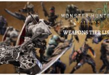 Monster Hunter Wilds Weapon Tier List – Ranked With Reasons! Feature image for our monster hunter wilds weapon tier list showing a blurred screen of characters holding every weapon in the game with one weapon highlighted at the front with the game logo on the right