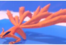 Ninja Time Raids Guide – Raid Bosses, Spawn Times, and Drops! Feature image for our ninja time raids guide showing the nine tails raid boss from an aerial view as it crouches and glares its teeth to something off camera to the left.