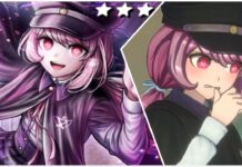 All TRIBE NINE Playtest Changes, Including the Danganronpa-Style Debates 2 images of Tsuruko Semba, a character that has been available to play as during the TRIBE NINE playtest. On the left is her splash art which shows her floating and smiling as her hair and cape are caught by a breeze. On the right is a screenshot of her in-game biting her thumbnail as she looks stressed.