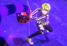 Danganronpa Creators Open TRIBE NINE Pre-Registration TRIBE NINE pre-registration news, with a green haired character wearing a black and white stripey shirt with black pants as they hold a box that has a worm-like creature coming out of it with purple and black stripes.