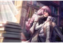 Tribe Nine Tension Cards Tier List Feature image for our tribe nine tension cards tier list showing a girl sitting against a bookshelf reading manga with a blush and shocked face.