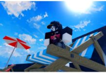 Verse Piece Artifact Tier List Feature image for our verse piece artifact tier list showing a player standing on a beach chair on a sunny day looking down at the sand with a katana resting on her belt at her waist
