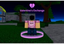 Verse Piece Valentine Exchange – NPC Location, Bosses, Heart Fragments Obtainment, and More! feature image for our verse piece valentine exchange guide showing the exchange npc in a pink 'retired' shirt during night time with a broken heart symbol above his head