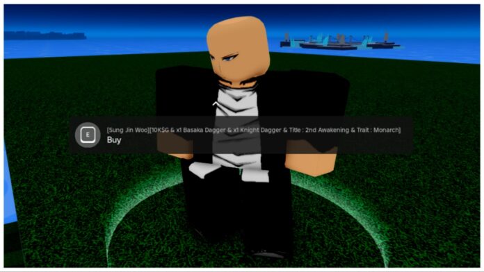 Feature image for our what is the best weapon in verse piece showing the sung jin woo teacher npc on a grassy hill overlooking the bottom except hes bald...
