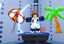 Blue Lock Rivals Sae Rework Guide Feature image for our Blue Lock Rivals Sae Rework guide. Image shows a character with their arms in the air with a sun umbrella to their left and a palm tree on their right.