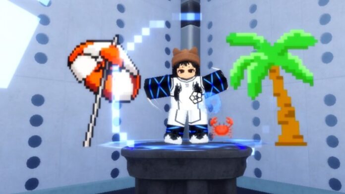 Feature image for our Blue Lock Rivals Sae Rework guide. Image shows a character with their arms in the air with a sun umbrella to their left and a palm tree on their right.