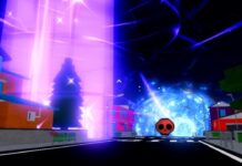 Verse Piece Shadow Race Guide – Buffs and Obtainment Feature image for our Verse Piece Shadow Race guide. Image shows a town with a large purple light and a large blue light shining in the background.
