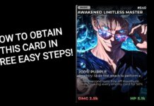 Anime Card Clash Awakened Limitless Master – Obtaining The Gojo Quest Card! Feature image for our anime card clash awakened limitless master guide showing a black background with the card to the right and white text on the left which reads HOW TO OBTAIN THIS CARD IN THREE EASY STEPS!