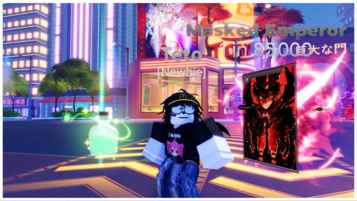 Feature image for our anime card clash potions guide showing a player looking to the side with a potion bottle beside them on the street