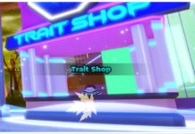 Anime Card Clash Traits Guide – Roll Chance, Buffs, and Farming Rerolls! Feature image for our anime card clash traits guide showing a katakuri npc behind a neon stall with TRAIT SHOP written above the stand