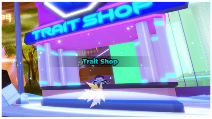 Feature image for our anime card clash traits guide showing a katakuri npc behind a neon stall with TRAIT SHOP written above the stand