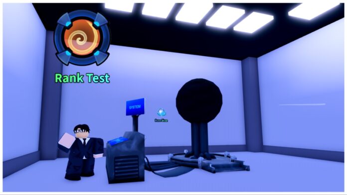 Feature image for our arise crossover ranks guide showing the rank up npc inside a white room with a strange orb -like machine next to him