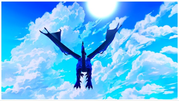 Feature image for our arise crossover rarest shadow guide showing a blue dragon from behind flying in the sky on a clear skies day