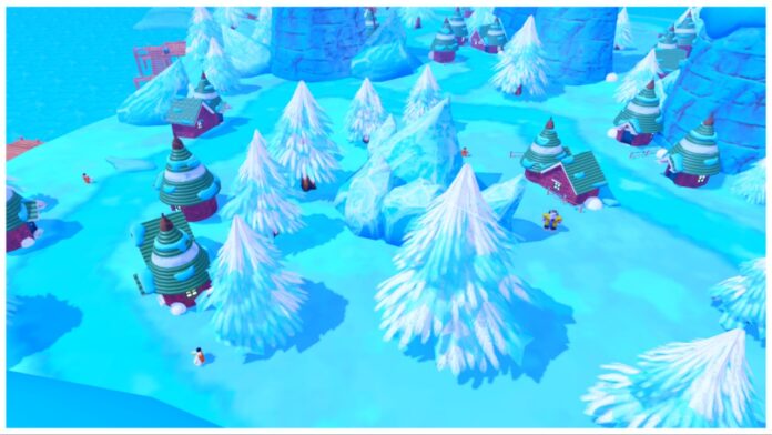 Feature image for our arise crossover shadow tier list showing drum island from a top-down view showing the snowy island and different mobs around the island
