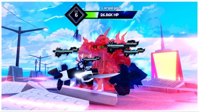 Feature image for our arise crossover weapons tier list showing a player wielding dual blades and slashing a tall enemy with their shadow army