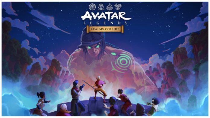 Feature image for our avatar realms collide tier list showing the main characters looking over a cliff to a massive enemy with dtrange green glowing tattoos on his body and white glowing eyes