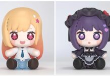 Dress Up Darling Huggy Figurines Feature Two Marin Designs! The two Dress Up Darling Huggy Figurines, with Marin Kitagawa in her uniform on the left and Marin wearing her Shizuku Kuroe cosplay on the right.