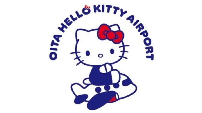 The official promo art for the Hello Kitty Airport collaboration with Oita Aiport. It features Hello Kitty sitting on top of a small airplane.