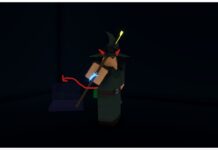 How To Join The Demon Sect in Rune Slayer – Faction Guide and Equipment! Feature image for our how to join the demon sect in rune slayer showing a character standing in a dark black box room with hand-drawn red horns and tail