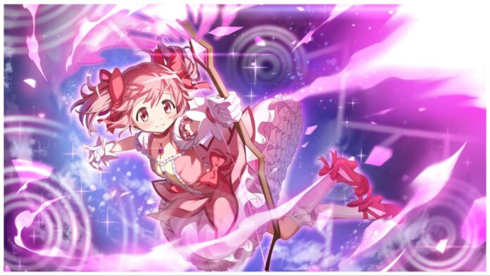 Feature image for our madoka exedra tier list showing madoka in her puella uniform holding a bow suspended mid-air