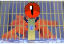 Ninja Time How To Get 9-Tailed Beast Mode Feature image for our ninja time how to get 9-tailed beast mode guide showing the kuruma boss behind bars with the red eye logo in the top centre of the image
