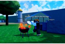 Rock Fruit Specs Tier List – September 2025 Rankings! Feature image for our rock fruit specs tier list showing a bacon noob dancing around a grill with a plate in his hand