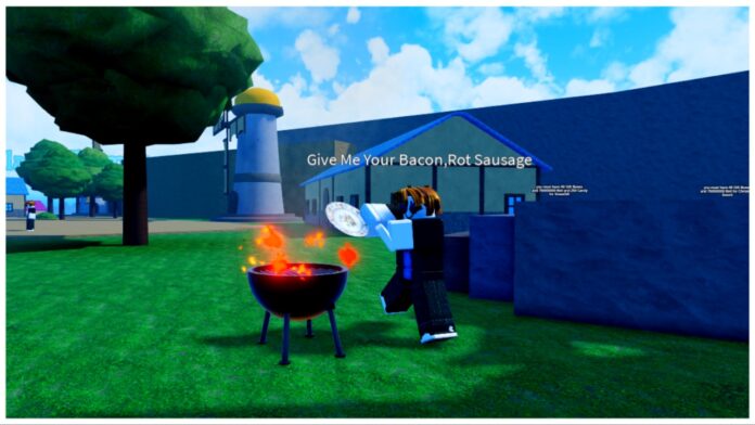 Feature image for our rock fruit specs tier list showing a bacon noob dancing around a grill with a plate in his hand