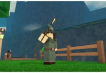 Rune Slayer Weapons Tier List Feature image for our rune slayer weapons tier list showing a player with their staff in front of them as it fires a blue magic arrow